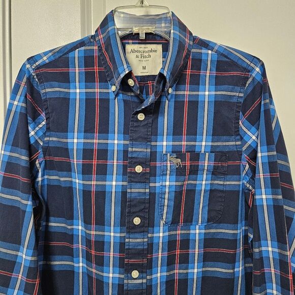 Abercrombie & Fitch Shirt Mens M Plaid Blue Red White Muscle Button Down Pockets - Picture 1 of 9